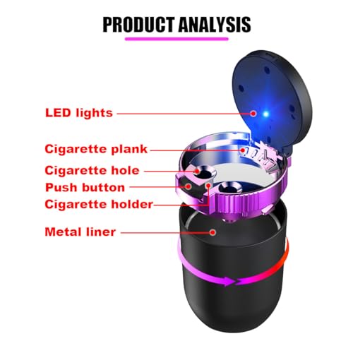Image of Portable Car Ashtray with Lid, Stainless Detachable Mini Car Trash Can with LED Blue Light, Windproof Auto Truck Ashtray Cup Holder, Universal Smokeless Ashtray for Car Outdoor Travel Home (Purple)