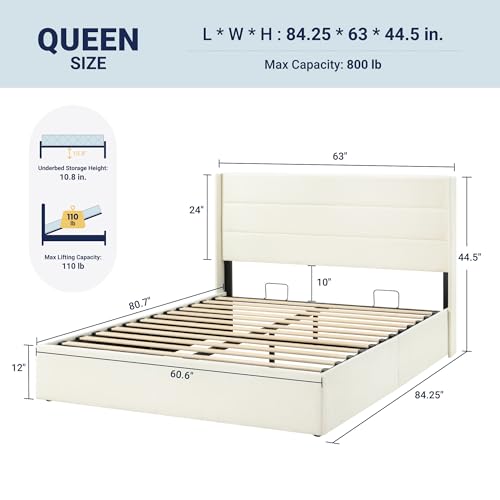 Image of Allewie Queen Size Lift Up Storage Bed, Chenille Fabric Upholstered, Modern Wingback Headboard, Hydraulic Support, No Box Spring Needed, Cream White