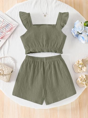 Image of Girl's Summer Clothing Sets Knit Ruffle Striped T-Shirt and Shorts 2 Piece Outfits