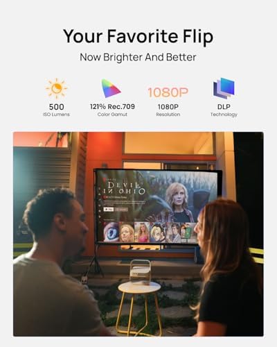 XGIMI Elfin Flip Plus Portable Projector, Google TV with Licensed Netflix, 500 ISO Lumens, 1080P Resolution Home Projector, Build-in Adjustable Stand, Lightweight and Compact Design, Screen Adaption - 2