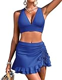 Vijamiy Costume Donna Due Pezzi Vita Alta Bikini con Gonna Sexy Scollo a V Costumi da Bagno Imbottito Piscina sulla Spiaggia (Blu,M)