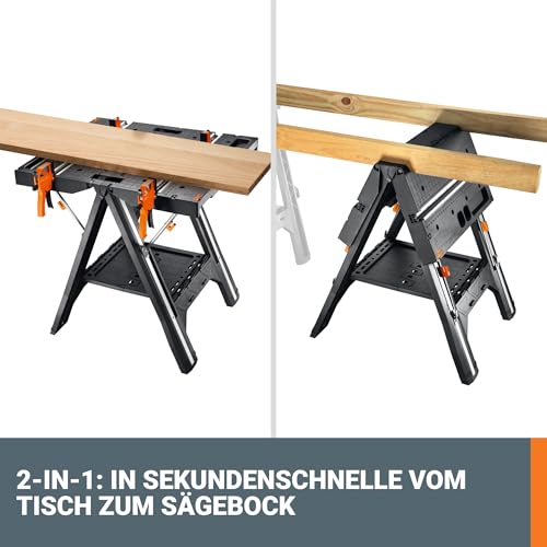 WORX PEGASUS WX051 mobile multifunktionale Werkbank - hochwertiger Arbeitstisch klappbar für die Werkstatt, max. Belastung 450kg – inkl. Schnellklemmvorrichtung – hohe Stabilität & große Arbeitsfläche