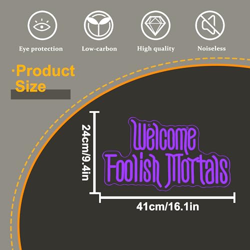 Image of Welcome Foolish Mortals Neon Sign,Dimmable Spooky Gothic Purple Haunted Mansion Coffin LED Neon Signs for Wall Decor,USB Powered Led Neon Light for Haunted House Man Cave Halloween Party Birthday Gifts