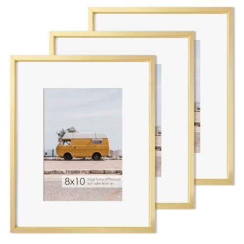 Fun Memories 8x10 Inch Metal Picture Frame - Aluminum Photo Frames - 5x7 Mat - Ideal for Wall or Tabletop Display - Wall Hook Hanging Hardware Included - Set of 3 - Glod