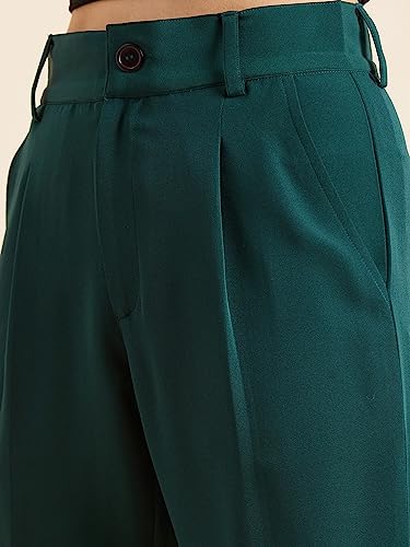 Image of PANIT Women Green Relaxed Straight Fit High-Rise Wrinkle Free Pleated Trousers