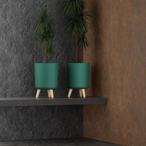 Image of StyleX Store Modern White Flower Pot with Plastic Legs | Indoor Outdoor Planter for Home Garden Balcony Decor Ribbed Design Sturdy Plastic Mid-Century Style (Green Pack of 2)