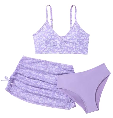 SEAUR Girls Three Piece Swimsuit Bikini with Skirt Kids Halter Neck Bikini Girls Swim Costume Set Purple 8-9 Years
