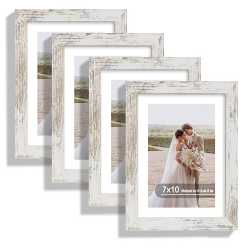 Hongkee 7x10 Picture Frame Set of 4, Real Glass and Wood Frame, 5.5x8.5 Mat