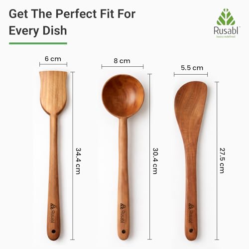 Image of Rusabl Pack of 3 Neem Wood Spatula, Ladle & Palta with Comfortable Grip | Seamless Design for Non Stick Cookware for Cooking, Baking, Mixing