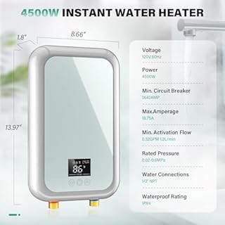 Tankless Water Heater Electric 4500W Instant Hot Water Heater Under Sink, Point of Use Water Heaters with Digital Display for Kitchen Bathroom