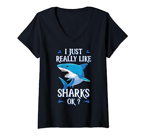 Camiseta divertida con texto en inglés "I Just Really Like Sharks OK? Camiseta Cuello V