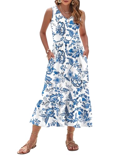 Image of AUSELILY Womens Summer Maxi Dress Casual Sleeveless V Neck Floral Dresses | A line shape with practical side pockets, Vacation dress for resort walks, Pair with low heels and simple jewelry