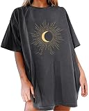 Tomwell T Shirt Damen Kurzarm Sport Sommer Oberteile Oversize T-Shirt mit Sonne und Mond Muster Sweatshirt Lose Rundhals Drucken Bluse Teenager Mädchen Tunika Top Lang J Grau S