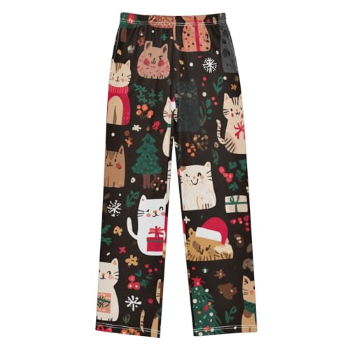 Cat Pine Tree Boys Long Pants Soft Trousers Elastic Waist Kids Lounge Bottoms with Pockets S-XL