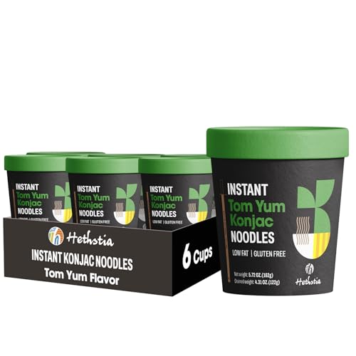 Hethstia Konjac Noodles Tom Yum Soup – 6 Pack Low Carb Shirataki Angel Hair Pasta, Gluten-Free Shirataki Noodles Instant Asian Ramen, Ready-to-Eat Tom Yum Broth, Low GI, Healthy Meal, Holiday Gift