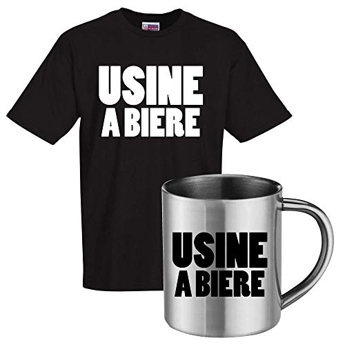 Tee shirt humour noir et mug inox usine à bière pour homme