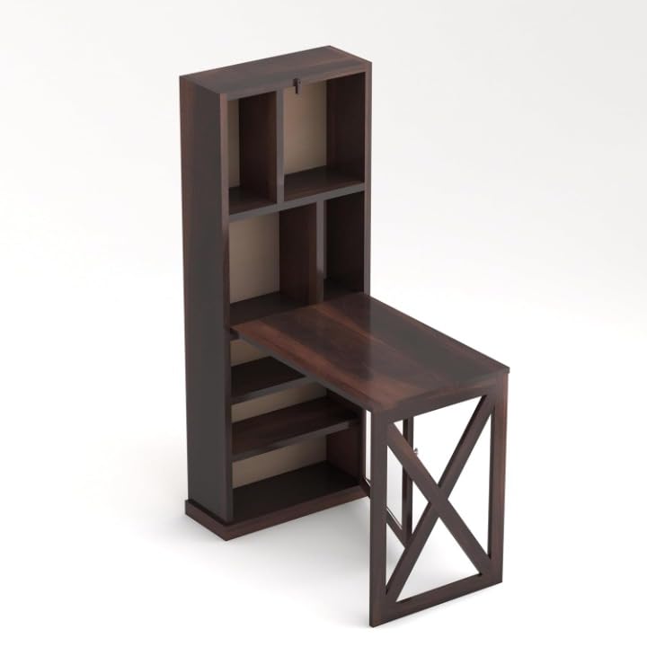 Image of Sheesham Wood Bar Cabinet with Foldable Counter Table | Wooden Wine Rack with Glass Storage | Space Saving Home and Office Bar Furniture - Walnut Finish