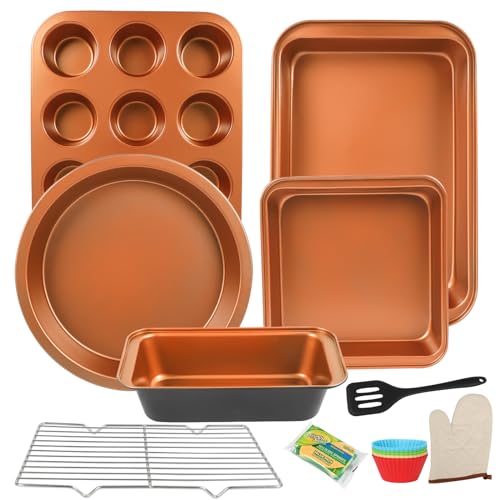 Barlket 6-teiliges Backformen-Set antihaftbeschichtet, Backformen-Set stapelbar, mit Backblech, Muffin, runde/quadratischer Kuchenform, Kastenform, Gestell, Ofenhandschuh, Spatel für