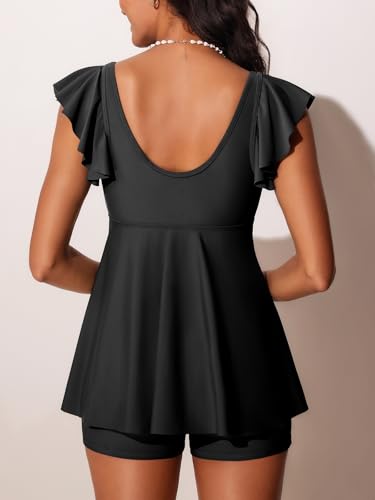 Summer Mae Women's V-Neck Tankini Swimsuits 2025 with Ruffle Sleeves Tummy Control Boyshorts Bathing Suits with Pockets2