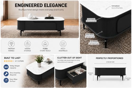 Image of WOODEN SPACE Premium Solo Marble-Top Wooden Center Table for Living Room | Iron Legs | PVD Coating | Modern Entryway Furniture | Coffee Table (Black, 42x24x18 Inch)