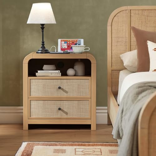 Image of Oak&Sparrow 2 Drawer Tall Dresser for Bedroom, 23.6'' Rattan Dresser with Ample Storage, Boho Chest of Drawers, Thickened Curved Profile Design, Oak Dressers for Bedroom, Living Room