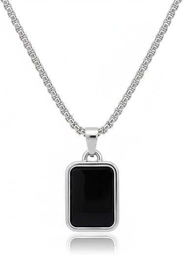 Jewel Harbour Black Stone Oval Bar Pendant with Stainless Steel Chain Necklace for Men- Anti Tarnish