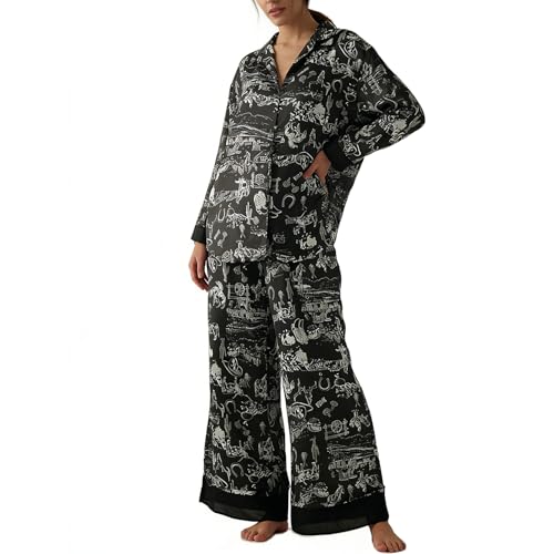 Image of Women Satin Pajama Set Floral Silk Pajamas 2 Piece Lounge Sets Button Down Shirts Wide Leg Pants Pjs Sleepwear