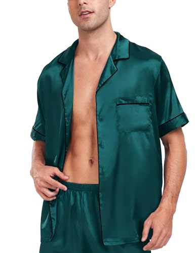 Image of SWOMOG Men Satin Silk Pajamas Sets Short Sleeve Sleepwear Button-Down PJs Sets Two-Pieces Loungewear with Pockets