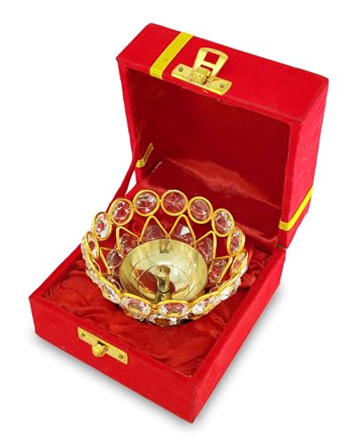 NOBILITY Gold Crystal Diya with Blue Velvet Gift Box Home Decoration Chrystal Piyali Dia Pooja Items Puja Gifts Handmade Oil Lamp Traditional Indian Dhanteras Deepawali Diwali Gift Items 6 Pcs