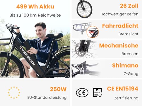 S10 E Bike Herren 26 Zoll, Elektrofahrrad für Erwachsene mit 250W Motor 48V 499,2Wh Akku, 4,4 Zoll LCD Display Ebike mit Federgabel, bis 100km 25km/h Pedelec für Damen City Pendeln – Bild 3
