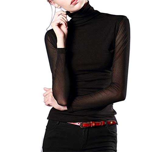 Women's Turtleneck Top Long Sleeve Slim Fit Shirts Mesh Sheer See Through Casual Top