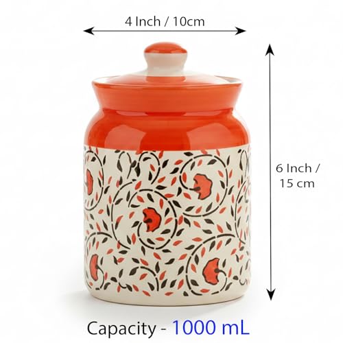 Image of Ceramic Handmade Pickle Jars in 1000ml (set of 2) | Handpainted Floral Bale 1 kg Achaar Martban | Ceramic Jadi for Kitchen Storage (Set of 2) | Jars for Achar, Spices, Salt (Red Bloom &Swirl Bale)