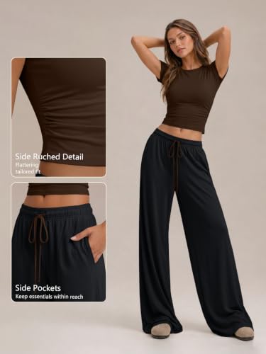 Image of Trendy Queen 2 Piece Matching Summer Lounge Set Womens Side Ruching Top Wide Leg Pants Sets with Pockets