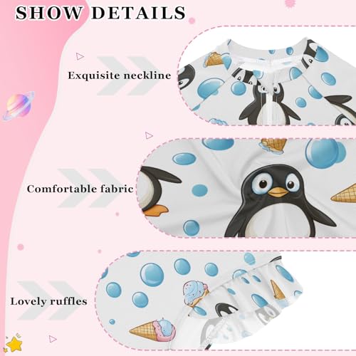 One Piece Girls Swimsuit Long Sleeve Rashguard Zipper Swimwear, Penguins Ice Cream White 3T4