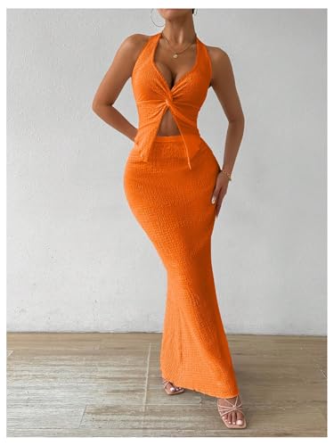 Image of SOLY HUX Women's Two Piece Outfits Twist Front Halter Cami Tops and Skirt Summer Set