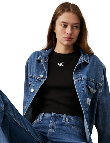 Calvin Klein Damen T-Shirt Kurzarm Ck Rib Baby Tee Cropped, Schwarz (Ck Black), L – Ansicht 3