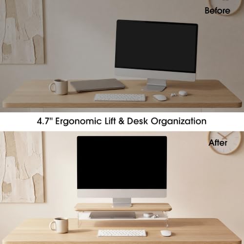 Image of Fenge 23.6 inch Monitor Stand with Clear Acrylic Legs, Oak | Clear acrylic, storage compartment, 2-tier home office monitor riser, wide large desktop shelf fit monitor /laptop /printer