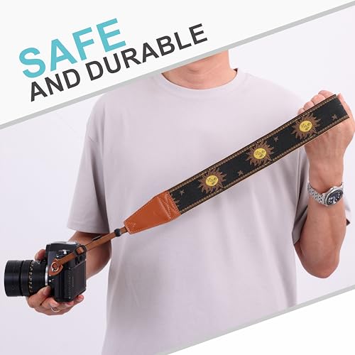Image of Padwa Lifestyle Sun God Camera Strap - 2 inch Full Grain Leather Ends, Vintage Sun Face Camera Straps for Photographers, Soft Chamois Velvet Padded Strap Quick Release fits All Cameras
