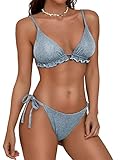ZAFUL Women's Bikini Sets Ruffle Trim Glitter Two Piece Swimsuit Halter String Tie Side Triangle Bat