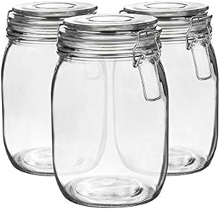 3X 1000ml (1 Litre) Clear Glass Storage Jars with Clear Airtight Silicone Seal and Metal Clip Lids - 33.8oz Large Empty Kitchen Jar Container - by Argon Tableware
