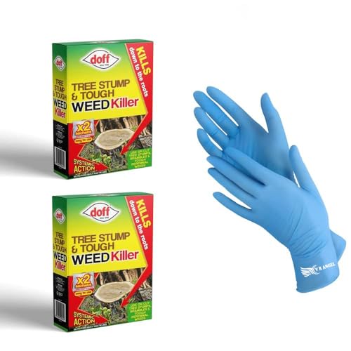 VR Angel Doff Tree Stump And Tough Weed Killer Sachet with 1 Pair Non-Sterile Gloves for Kills down to the roots Use on Cut Tree Stumps Brambles and Weeds - 2 pack of 4 x 80ml Sachet