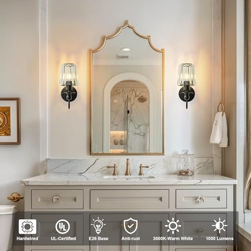 Image of KARTOOSH Hardwired Crystal Wall Sconces Set of 2 | 11.2 Inch Black Wall Lights Dimmable 3000K Warm White Wall Lamps for Hallway, Bathroom, Living Room, Bedroom