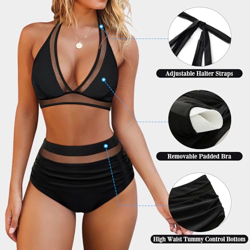 OMKAGI Women Mesh High Waisted Bikini Set Sexy V Neck Tummy Control Swimsuit Bathing Suit3