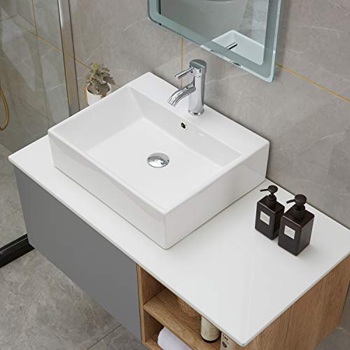 PetusHouse Bathroom Vessel Sink and Pop Up Drain Combo, Rectangle Above Counter White Porcelain Ceramic Bathroom Vessel Vanity Sink Washing Art Basin, Overflow Type