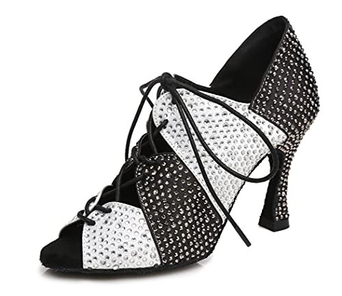 Minishion Dance Shoes for Women Lace-up High Heel Latin Sandals L460 Black/White US 4
