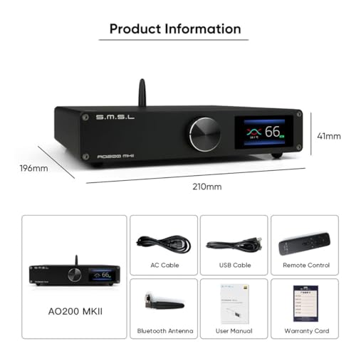SMSL AO200 MKII 160Wx2 Verstärker HiFi Stereo, mit MA5332MS Chip, USB/RCA/XLR/Bluetooth 2.1 Kanal Class D Verstärker für PC/Subwoofer/Passtive Lautsprecher/Regallautsprecher