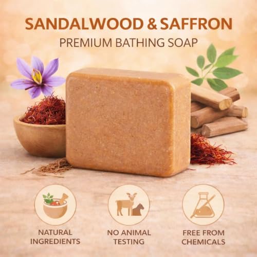 Image of Amazon Brand - Magic Soap Sandal Wood And Saffron Bath Soap - Natural & Paraben-Free, Bathing Soap Bar for Glowing, Brightening & Refreshing Skin | Deep Cleans Pores & Removes Dirt - 300 g (Pack of 3)