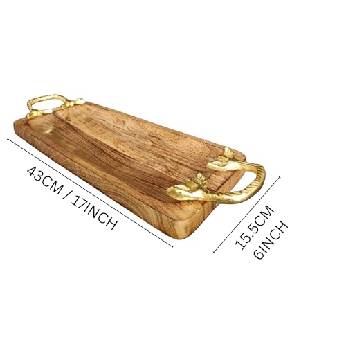 Image of Handcrafted Wooden Serving Tray with Gold Handles | Rustic Cheese Platter Board | Decorative Kitchen & Coffee Table Server | Wooden Snack Tray for Home & Gifting (Rassi Handle Tray)