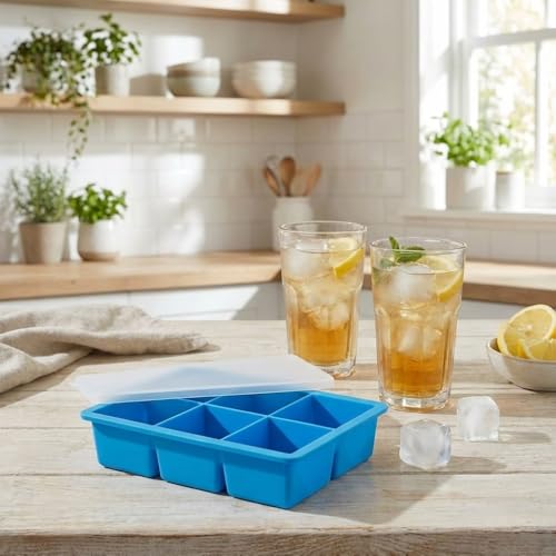 Image of Ice Cube Molds with Lid,Big Silicone Ice Cube Tray for Whiskey,2Inch Square Ice Cube Tray,Easy-Release Ice Mold,Giant Ice Cubes for Bourbon Cocktail (2, Blue)