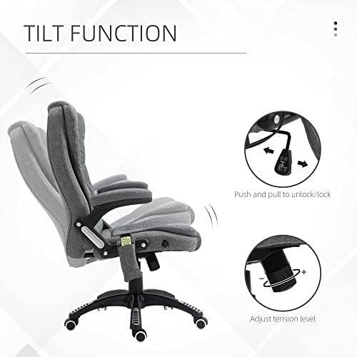 Vinsetto Massage Office Chair Recliner Ergonomic Gaming Heated Home Office Padded Linen-Feel Fabric & Swivel Base Grey